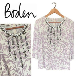 Boden, Beaded‎ V-Neck Leaf Print Blouse